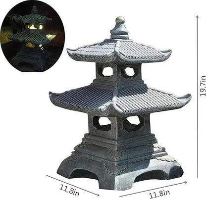Buokai Solar Outdoor Garden Statue with 2 Tier Pagoda Lantern, Zen Japanese Style for Lawn Decoration and Christmas Ornament