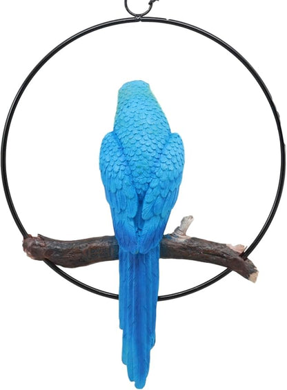 Ebros Patio Home Garden Hanging Scarlet Macaw Parrot Perching on Branch in Metal Round Ring Figurine Sculpture Nature Lovers Tropical Bird Collectors Decor 13.5" H (Blue)