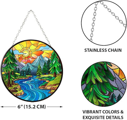WIRESTER Stained Glass Suncatcher 6 Inch, Glass Panel with Metal Chain, Sun Catcher Window Hanging Ornament for Indoor Outdoor Wall Art Home Decoration - Beautiful Scenery