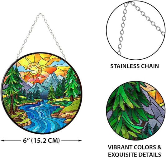 WIRESTER Stained Glass Suncatcher 6 Inch, Glass Panel with Metal Chain, Sun Catcher Window Hanging Ornament for Indoor Outdoor Wall Art Home Decoration - Beautiful Scenery