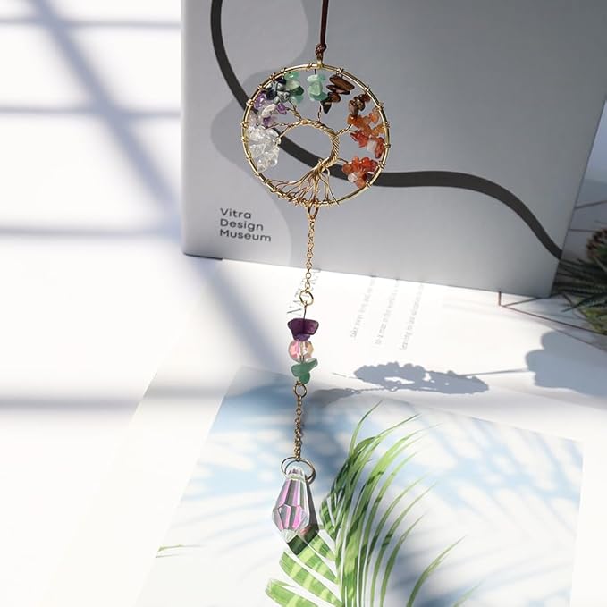 Handmade 7 Chakra Tree of Life Crystal Suncatcher, Sun Catcher Hanging for Car, Windows, Spiritual, Rainbow Maker, Butterfly Indoor Garden Home Decor