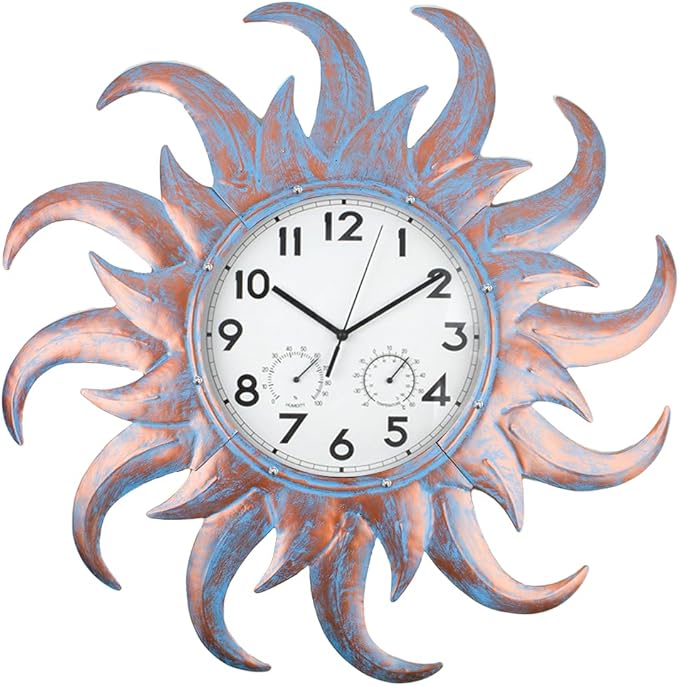 Large Outdoor Clock Silent Non-Ticking, Outdoor Wall Clock with Thermometer & Hygrometer Combo, Quartz Outside Clock for Patio, Garden, Living Room (Blue)