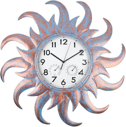 Large Outdoor Clock Silent Non-Ticking, Outdoor Wall Clock with Thermometer & Hygrometer Combo, Quartz Outside Clock for Patio, Garden, Living Room (Blue)