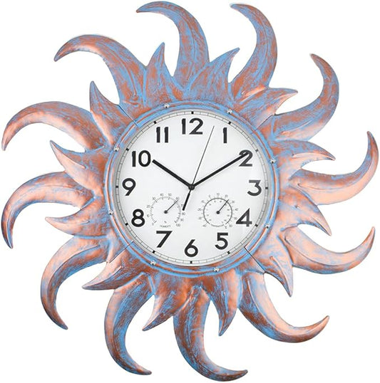Large Outdoor Clock Silent Non-Ticking, Outdoor Wall Clock with Thermometer & Hygrometer Combo, Quartz Outside Clock for Patio, Garden, Living Room (Blue)