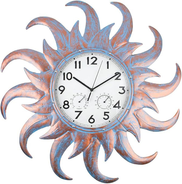 Large Outdoor Clock Silent Non-Ticking, Outdoor Wall Clock with Thermometer & Hygrometer Combo, Quartz Outside Clock for Patio, Garden, Living Room (Blue)