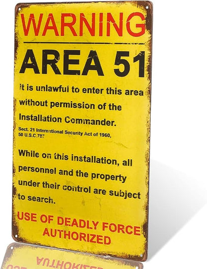 dingleiever Funny Decorations Vintage Warning Area 51 Metal Sign Garage Poster Outdoor Yard Sign 12x8 Inches