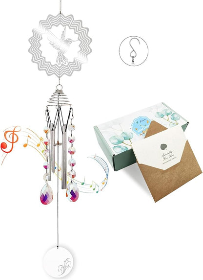 Hourwof Memorial Wind Chimes for Outside,Decorative Wind Chime with Wind Spinner for Garden Patio Yard,Crystal Suncatcher Windchime,Housewarming Gift,Hummingbird