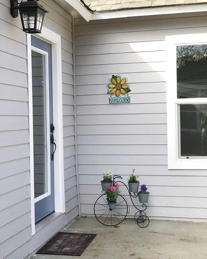 Vintage Flower Metal Welcome Sign Front Door Decor Hanging Wall Sign Indoor Outdoor Garden Hanging Sign 15.75x12.75" (Three colors)