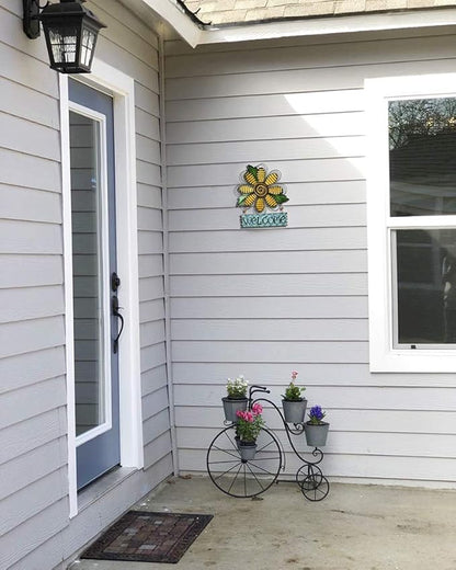 Vintage Flower Metal Welcome Sign Front Door Decor Hanging Wall Sign Indoor Outdoor Garden Hanging Sign 15.75x12.75" (Three colors)
