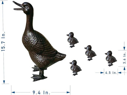 Vintage Cast Iron Duck Family Garden Statue, Rust Brown Mother Duck (15.7" Tall) with 4 Ducklings (3.6" Tall), Outdoor Decorative Sculpture Set for Yard Patio HC5387-6905