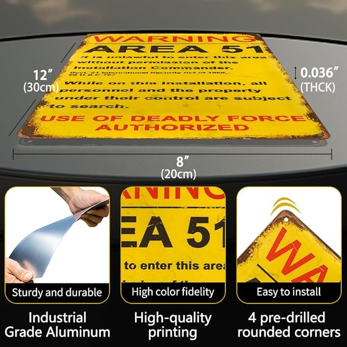 dingleiever Funny Decorations Vintage Warning Area 51 Metal Sign Garage Poster Outdoor Yard Sign 12x8 Inches