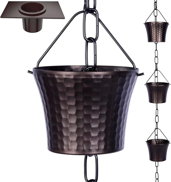 Rain Chains for Gutters with Adapter,Wrought Iron Rain Chain Set 8.5 Ft Not Rust, Gotta Drain with Sturdy Anchoring Stake, 14 Cups, 1 Hook, Adjustable Gutter Downspout for Outdoor Decorative