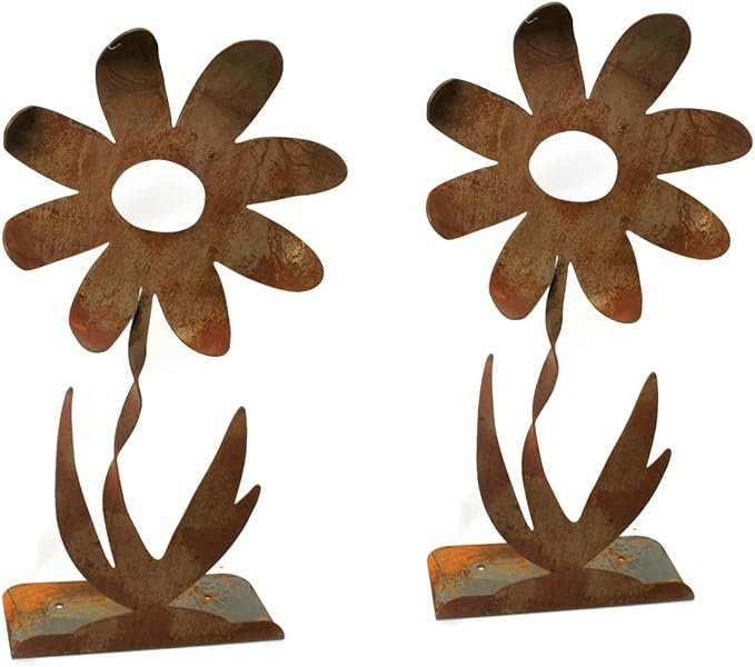 Metal Rustic and Colorful Flower Stakes Ranging from 9.5 to 36 Inches Tall (Twisted Daisy on Flat Base, Set of Two 36", Naturally Rusted)