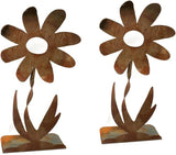 Metal Rustic and Colorful Flower Stakes Ranging from 9.5 to 36 Inches Tall (Twisted Daisy on Flat Base, Set of Two 36", Naturally Rusted)