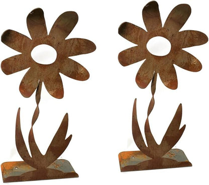 Metal Rustic and Colorful Flower Stakes Ranging from 9.5 to 36 Inches Tall (Twisted Daisy on Flat Base, Set of Two 36", Naturally Rusted)