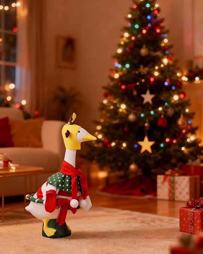 Christmas Porch Goose Outfit, 23" Cement or Plastic Goose Statue Costume, Porch Goose Outfits for Patio, Yard & Garden, Cozy Holiday Décor Adds Cheer with Jingling Bells