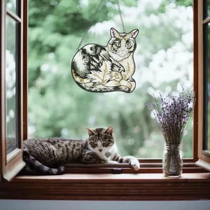 Cat Stained Glass Window Hangings Panel Sun Catcher Wall Art Home Garden Indoor Farmhouse Decor Gifts Pet Loss Memorial Kitty Lover