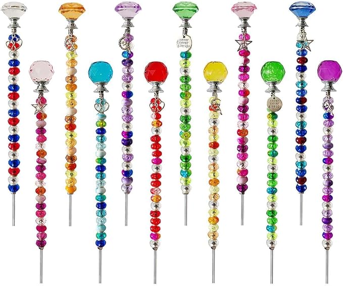 290Pcs Beaded Garden Stakes Kit - DIY Fairy Wand Garden Stake Beads Kit with 240 Colorful Large Hole Beads, Fairy Garden Accessories Outdoor for Different Festivals (6Diamonds & 6Balls)