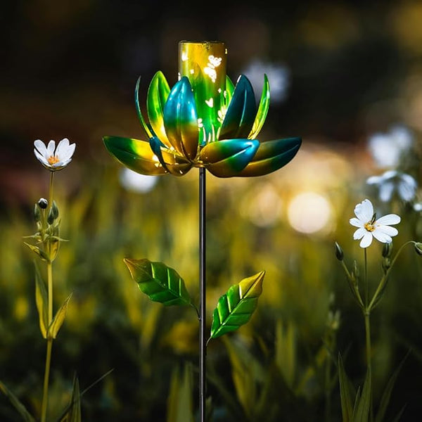 Stargarden Outdoor Solar Wind Spinners, Solar Wind Sculptures & Spinners, Flower Windmill with Solar Lantern for Yard and Garden (Green)