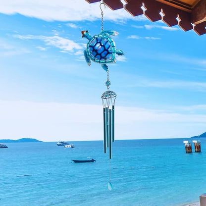 Comfy Hour 35" x 5" Sea Turtle Metal Art Wind Chime, Decorative Glass and Metal Hanging Windbell for Coastal Garden, Artisan Crafted Ocean Theme Decor for Beach House & Patio, Blue, 1 Piece