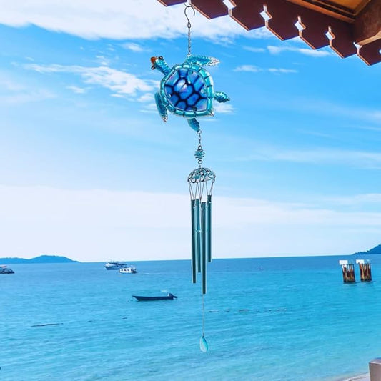 Comfy Hour 35" x 5" Sea Turtle Metal Art Wind Chime, Decorative Glass and Metal Hanging Windbell for Coastal Garden, Artisan Crafted Ocean Theme Decor for Beach House & Patio, Blue, 1 Piece