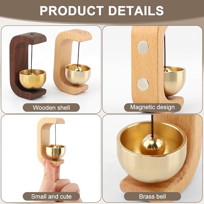 2Pcs Magnetic Shopkeepers Bell for Door Opening - Vintage Wooden Wind Chime Doorbell with Brass Bell, Wireless Adhesive Door Chime for Housewarming Gift Refrigerator Room Garden(Brown，Light)