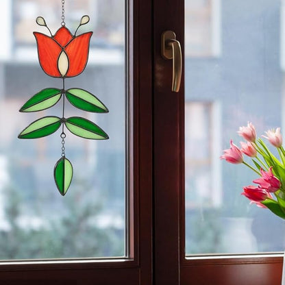 Tulip Acrylic Suncatcher Vintage Flower Window Hanging Decor Colorful Sun Catcher Modern Folk Art Home Decoration for Windows Patio Indoor Spaces Hanging Ornament 9.8" x 4.7"