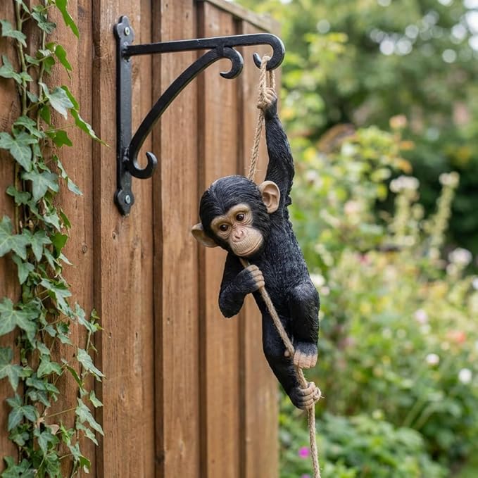 Hanging Monkey Outdoor Decor, Resin Statue on Rope for Front Porch, Patio, Yard, Tree Fence, Garden Ornament, Animal Decoration for Outside Spaces, 21.7 in