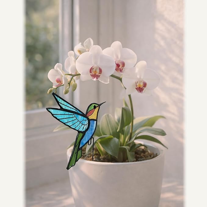 Hummingbird Stained Glass Plant Pot Suncatcher - Handmade Real Glass Flower Pot Ornament for Planters - Indoor Outdoor Garden Décor - Thoughtful Gift for Women, Mom & Bird Lovers