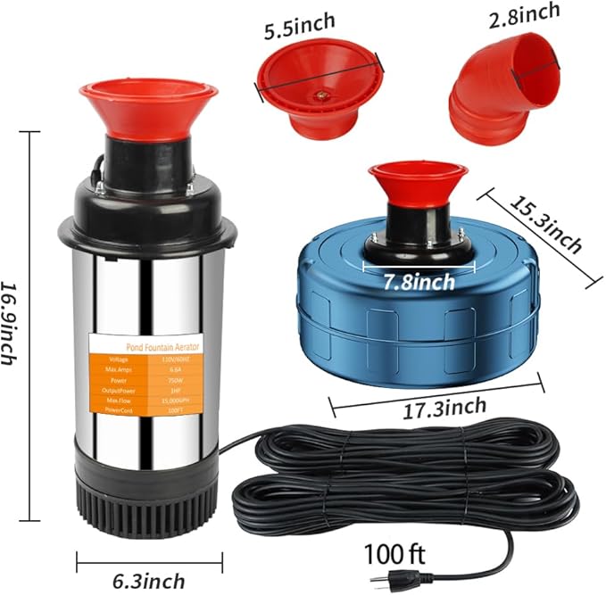 Pond Fountain Aerator, 1HP 110V 15000 GPH Stainless Steel Floating Pump w/100ft Cord – Aerator for Ponds, Lakes, Water Gardens
