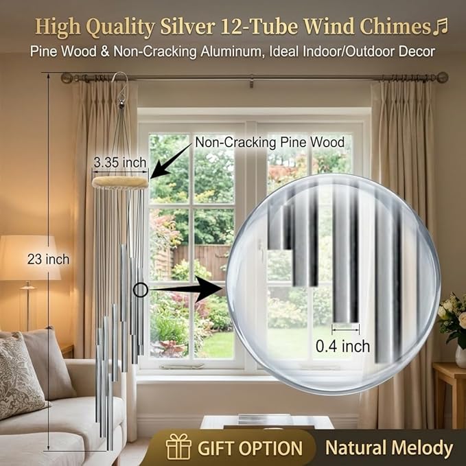 Wind Chimes for Outside with 12 Aluminum Tubes Wind Bells, 23 Inches Melody Windchimes Outdoors for Farmhouse Garden Patio Home Decor (Gold)