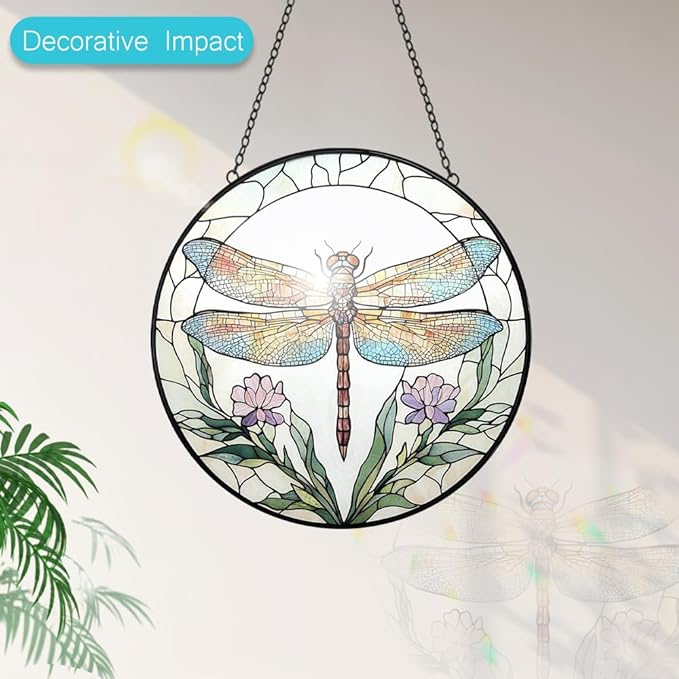 Dragonfly Stained Glass Suncatcher Window Hanging - 8” Dragonfly Flower Suncatchers for Windows Hanging - Handmade Sun Catchers Indoor Wall Decor Glass Panel Ornament Mothers Day for Mom Grandma Gift