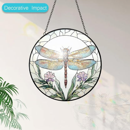Dragonfly Stained Glass Suncatcher Window Hanging - 8” Dragonfly Flower Suncatchers for Windows Hanging - Handmade Sun Catchers Indoor Wall Decor Glass Panel Ornament Mothers Day for Mom Grandma Gift