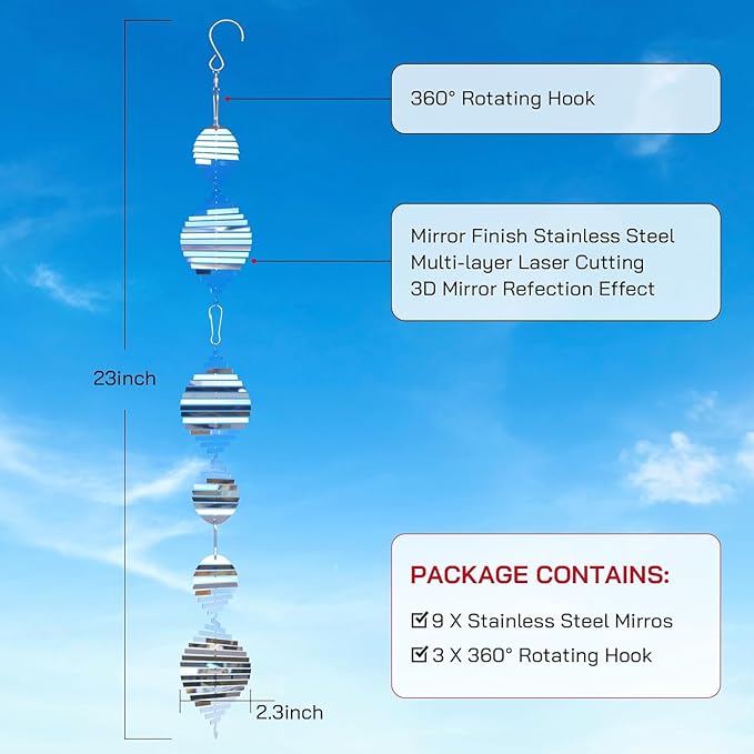 Factee Bird Deterrents for Outside, Reflective 3D Stainless Steel Wind Spinners, Garden Decor, Bird Scare Devices to Keep Woodpeckers, Pigeons Away from Your House, Patio, Orchards