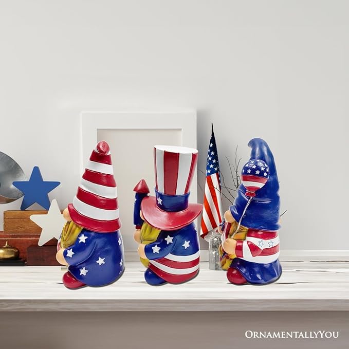 OrnamentallyYou Spring & Summer-Themed Garden Statues – Adorable Outdoor Decor for Lawn, Patio & Porch (Patriotic Gnome Trio Figurines, 6" Set of Three Garden Statues and July 4th Decoration)