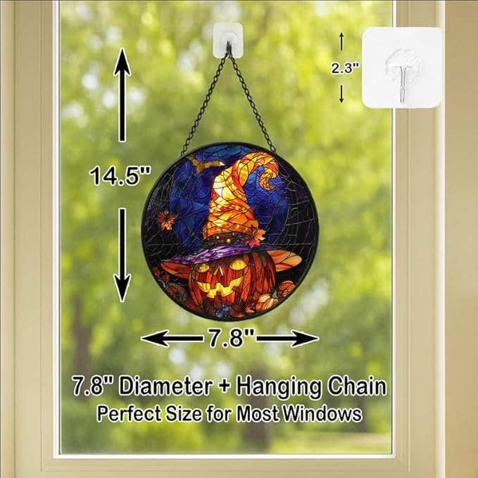 Stained Glass Window Hanging - 7.8in Halloween Pumpkin with Witch Hat and Autumn Leaves Sun Catchers Panel for Indoor Decorative Display for Mom, Wife, Lovers, Festive