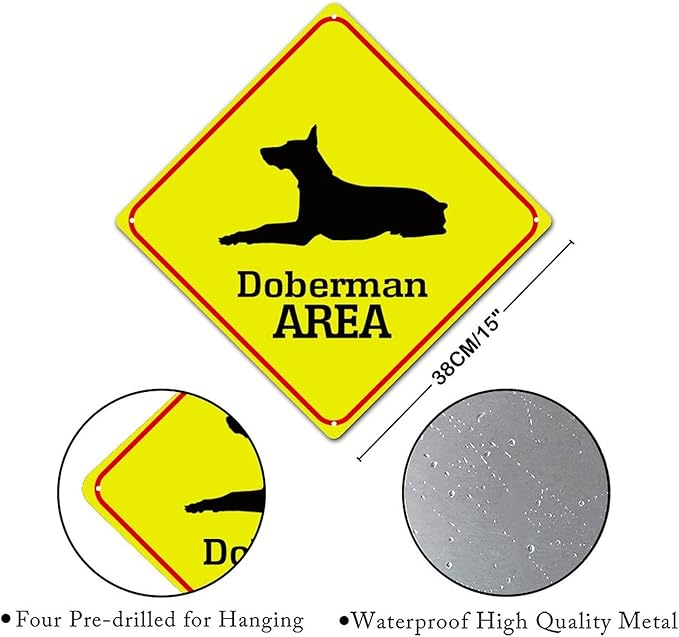 Doberman Crossing Xing Sign Beware of Doberman Dog Metal Sign Doberman Funny Warning Sign Crossing Zone Sign for Farm Yard Front Door Indoor Outdoor Street Sign 15x15in