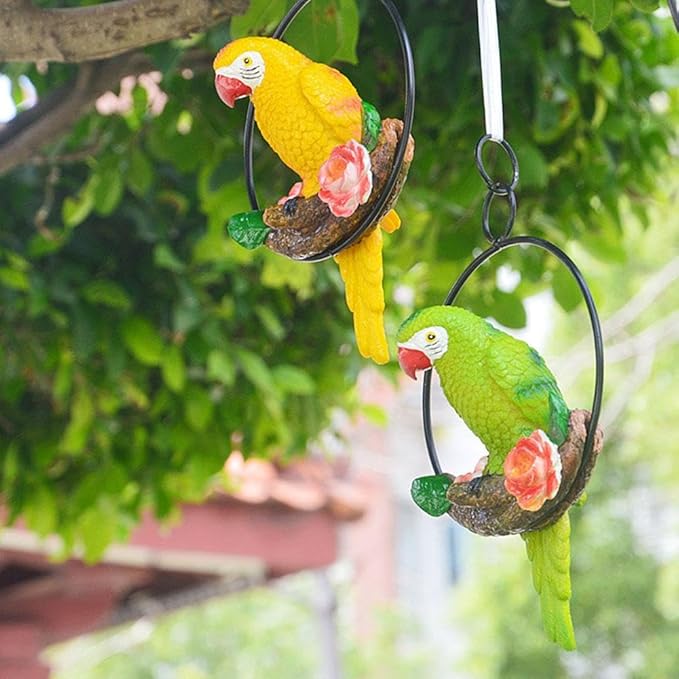 Lifelike Parrot Garden Statues,Resin Parrot Hanging Garden Decor Swing Figurine Ornaments,Parrot Statues for Outside Realistic Bird Sculptures Garden Patio Yard Lawn Figurines for Tree Wall (4pcs)
