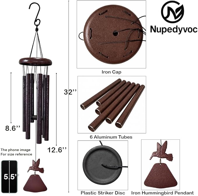 32” Large Matte Antique Bronze Hummingbird Aluminum Wind Chimes with Iron Cap for Outside, Deep Tone Outdoor Garden Patio Waterproof Decor, Ideal Gift for Mother's Day, Meditation, Relaxation