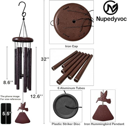 32” Large Matte Antique Bronze Hummingbird Aluminum Wind Chimes with Iron Cap for Outside, Deep Tone Outdoor Garden Patio Waterproof Decor, Ideal Gift for Mother's Day, Meditation, Relaxation