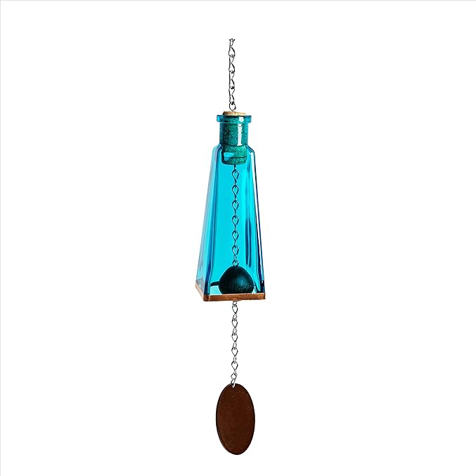 Blue Ridge Mountain Gifts Pyramid Bottle Wind Chime for Garden & Porch Decor w/Cooper Accent, Stained Wooden Ball, & Colorful Glass Bottles - Ideal for Wind Chime Lovers (Purple, Pink, Aqua Blue)