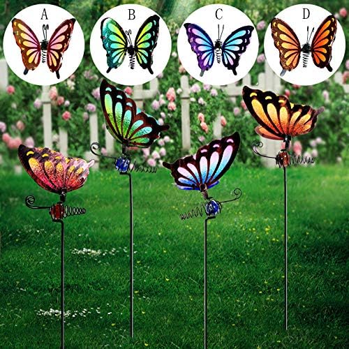 Set 4 Butterfly Garden Stakes Decor, Metal & Glass Yard Art Decorative, Indoor Outdoor Lawn Pathway Patio Ornaments. A Set (4 Colors) of Sales