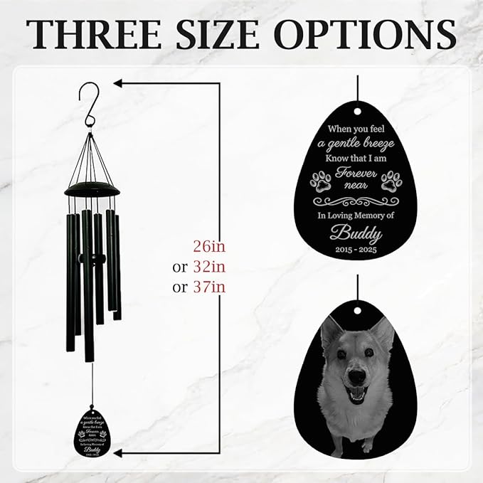 Personalized Pet Memorial Wind Chimes for Outside – Custom Sympathy Gift for Loss of Dog Cat Horse Bird- Laser Engraved with Your Pet's Photo & Name – in Loving Memory – Outdoor Garden Decor