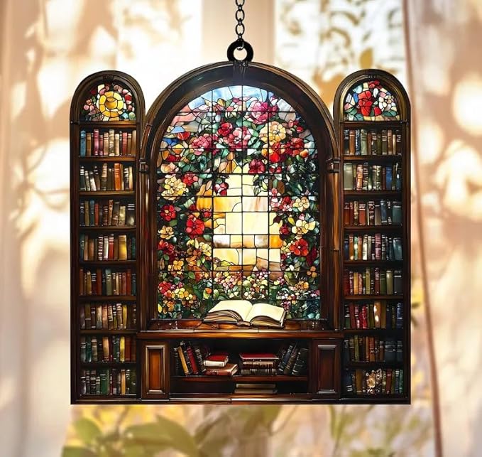 Floral Bookshelf Acrylic Suncatcher, Bookish Suncatchers for Window Hanging Ornament, Art Garden Decor for Book Lover Bookworm Reader, Gifts for Mother's Day, Mom, Grandma, Wife, Women, Nana