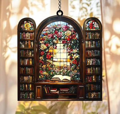 Floral Bookshelf Acrylic Suncatcher, Bookish Suncatchers for Window Hanging Ornament, Art Garden Decor for Book Lover Bookworm Reader, Gifts for Mother's Day, Mom, Grandma, Wife, Women, Nana