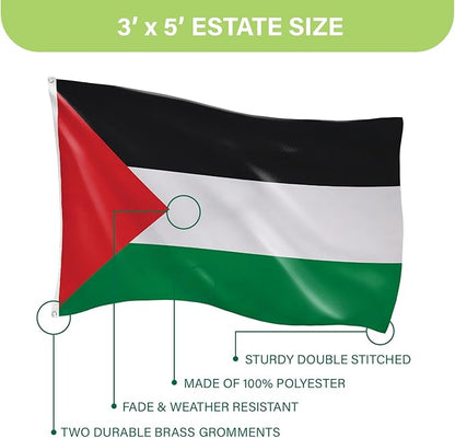 Evergreen Palestine Flag 3x5 flag Outdoor Double Sided, Nation Flags for Outside with Grommets, Palestinian Flag 3-Ply Banners for Garden Patio, Indoor Wall Decor for Room, Works with Standard Estate Flag Poles