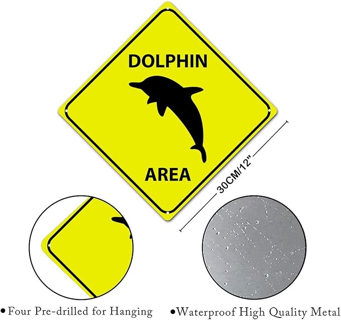 Dolphin Area Xing Caution Crossing Sign Ocean Animal Aluminum Metal Sign Warning Sign Novelty Road Fence Yard Wall Decor For Indoor Outdoor Highway12x12in