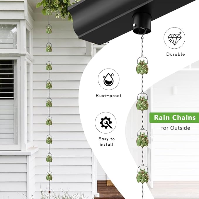 dreamysoul Rain Chains with 12 Ladybug Cups, 10.27FT Bronze Decorative Rain Catcher Chains for Downspout Gutters, Eaves Drainage, Outside