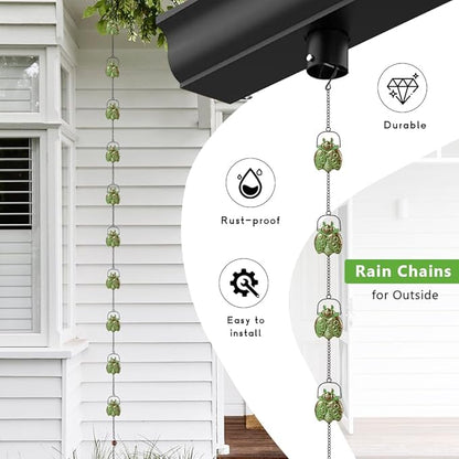 dreamysoul Rain Chains with 12 Ladybug Cups, 10.27FT Bronze Decorative Rain Catcher Chains for Downspout Gutters, Eaves Drainage, Outside