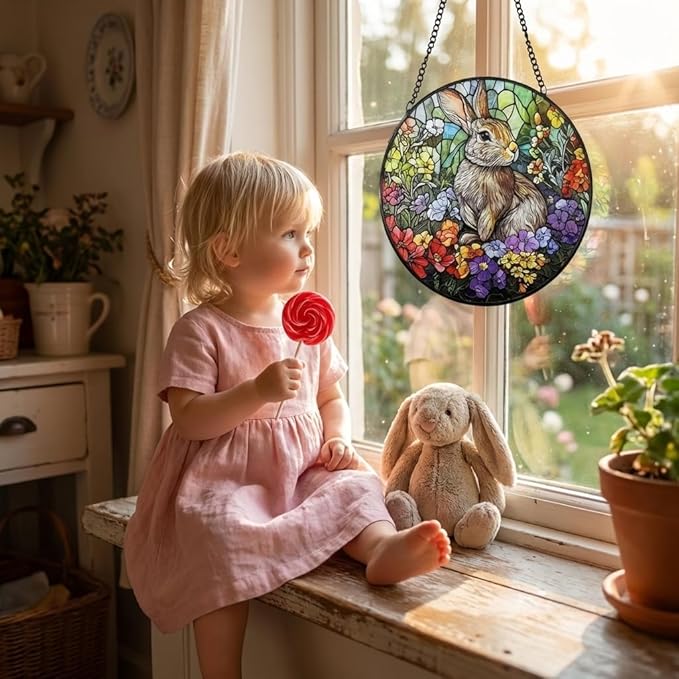 Stained Glass Window Hanging, 6.3in Bunny Sun Catcher for Window, Cute Rabbit Decor for Home & Easter Decor, Stained Glass Suncatcher Gifts for Women Mom Friend, Mother's Day Birthday